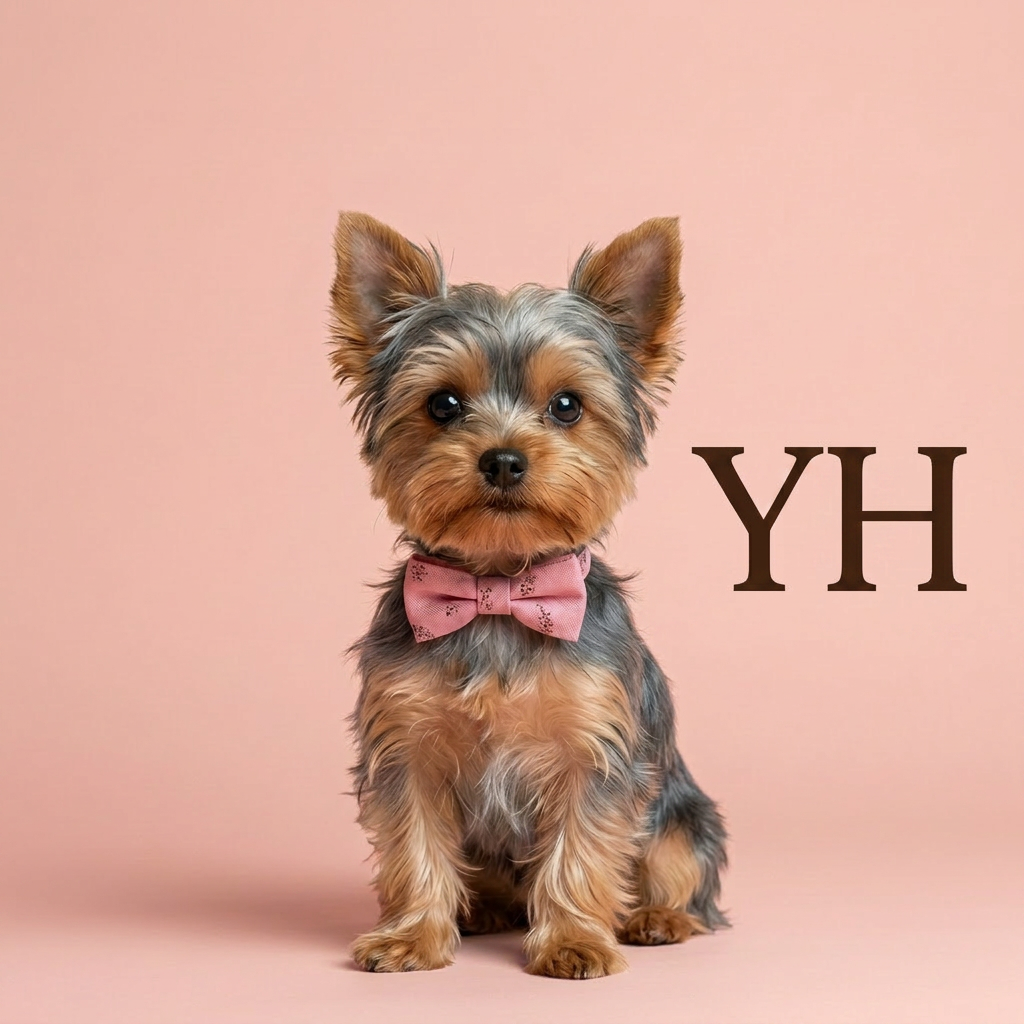 Illustrated Yorkshire Terrier wearing a pink bow tie